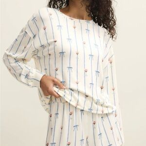 Z Supply Cream and Blue Bow Print espresso martini Pajama Set new top and shorts